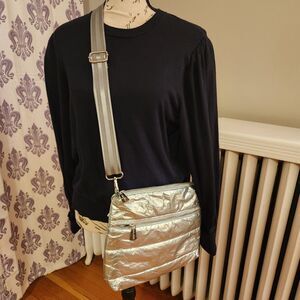 Hi Love Travel Metallic Silver Puffer Convertible Crossbody/Clutch Purse NWT